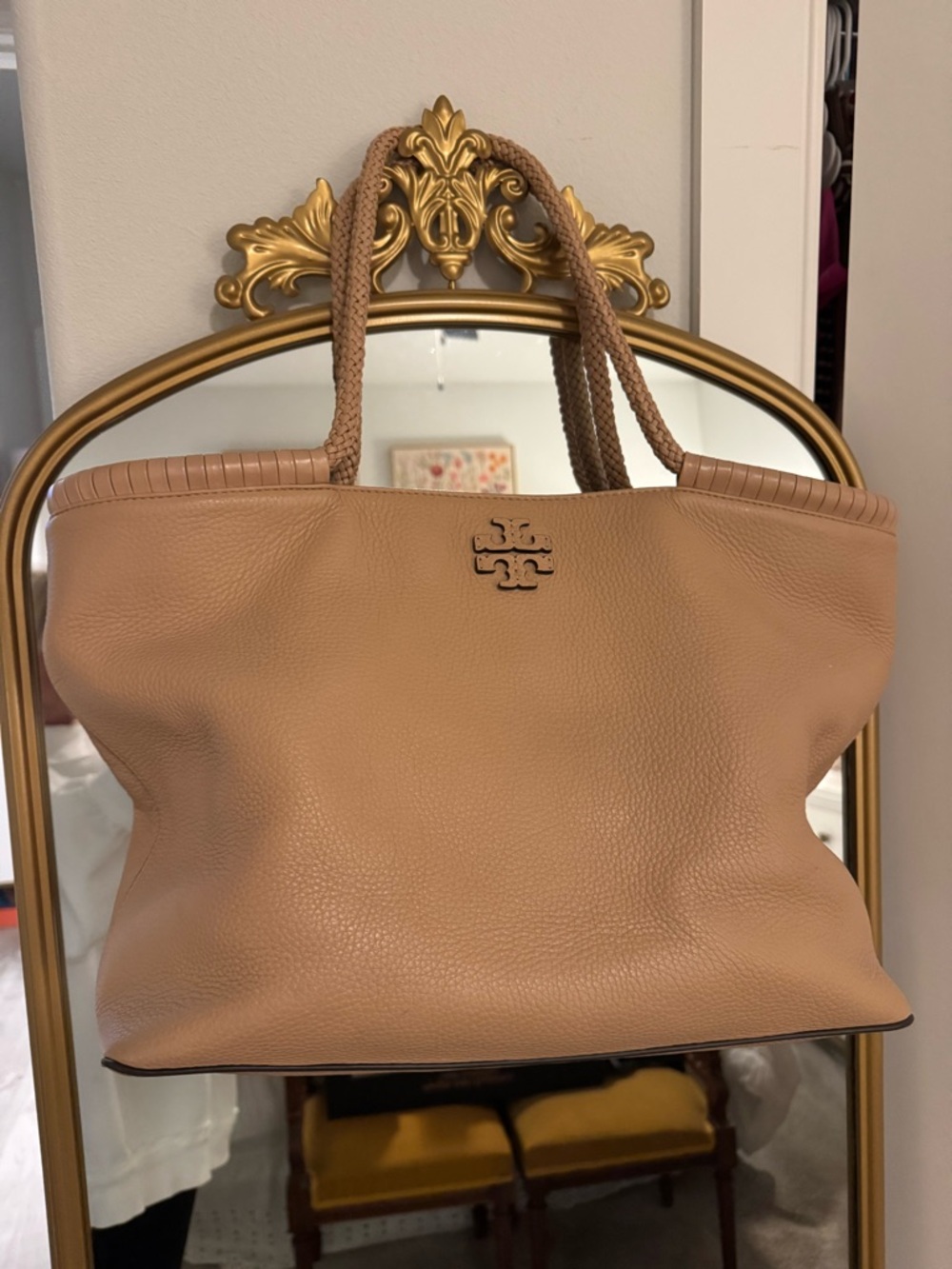 Tory Burch Beige Tan Pebbled Leather Tote with Braided Handles